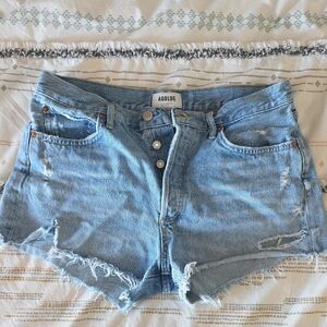 Agolde Faded Light Blue Distressed High-Rise Denim Shorts
